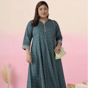 Kurti Anarkali de algodón verde con estampado floral, talla grande, tela suave, ajuste cómodo, elegante estilo tradicional indio. - Product Image 1
