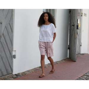 Solid Pink <b>Linen</b> <b>Pyjama</b> Loungewear Short Pajama Shorts and Top Valentines Gift for Her Elegant Short <b>Linen</b> Pajama - Product Image 5