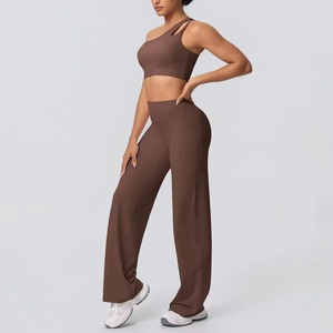 Vêtements de sport pour femmes de haute qualité, 2 pièces, yoga, couleur unie, taille élastique, tissu léger et extensible - Product Image 5