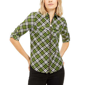 Top a quadri da donna Michael Kors con cerniera frontale, in popeline verde, in tessuto a maglia, stile casual lungo per ufficio, feste, vintage, taglie piccole - Product Image 1