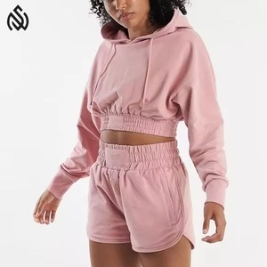 Ensemble short à capuche surdimensionné décontracté à col ras du cou pour femmes personnalisé 100% survêtement vierge en coton biologique de haute qualité pour femmes - Product Image 1