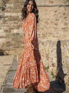 Boho Floral Print Frill Vintage Bohemian Print V-Neck Street <b>Dress</b> Casual Summer Loose Long Sleeve <b>Dress</b> Maxi <b>Dress</b> - Product Image 3