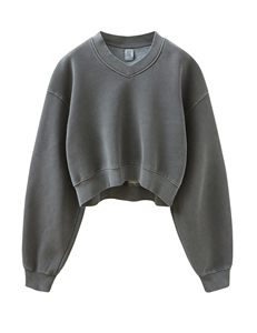 Mode haute rue porter coton en détresse 380gsm sweat femmes col en v polaire Vintage lavage recadrée femmes sweat - Product Image 6