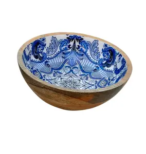 蓝色设计仿古印刷木制上菜碗木制餐具碗现代设计最佳质量设计师外观