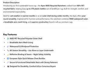 APEX 900D Tapis de cheval Ripstop recyclé Feuille imperméable durable toutes saisons avec cou détachable pour les soins des chevaux - Product Image 5