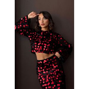 Blusa Elegante de Terciopelo Negro con Lentejuelas y Detalles Bordados para Mujer, Top de Fiesta de Manga Larga para Damas, Tallas S-L - Product Image 2
