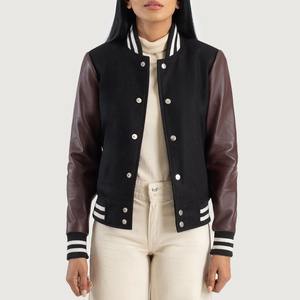 Chaqueta Universitaria de Motociclista de Cuero Genuino Borgoña OEM para Mujer, Estilo Casual, Puños Ajustables, Chaqueta Universitaria Vintage con Letras - Product Image 2