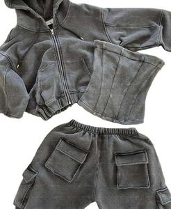 Ensemble de survêtement unisexe 3 pièces en molleton de coton avec broderie, effet délavé, pantalon cargo et sweat à capuche, idéal pour l'hiver et le streetwear - Product Image 1