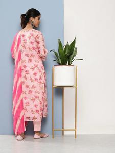 Ensemble Kurta Pant Dupatta imprimé floral rose Kota Doria indien pakistanais pour femmes de bureau, ensemble de costume Kurta prêt à porter en pur coton - Product Image 2
