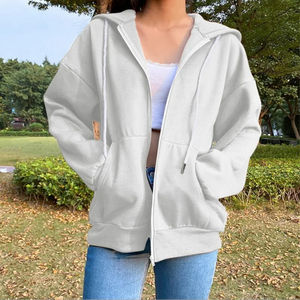 Autumn Fleece <b>Hoodie</b> Solid Color Hooded Korean Fashion Sweatshirts Long Sleeve Top Drawstring Pockets Loose <b>Zipper</b> <b>Black</b> Hoodies - Product Image 5