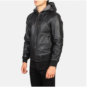 Connor Black Bomber Chaqueta de cuero con capucha Accesorios de moda - Product Image 5