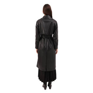 Manteau trench en cuir tricoté noir à double boutonnage pour femme avec ceinture - Product Image 6