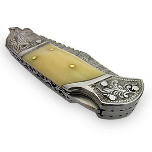 Cuchillo de camping plegable de acero de Damasco personalizable de alta calidad, cuchillo de bolsillo hecho a mano con botón, mango de madera, soporte OEM para - Product Image 2