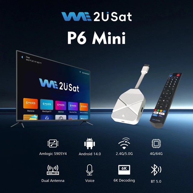 We2usat P6 Mini TV Stick Media Player Android 14 Amlogic S905Y4 2.4G 5G Wifi6 BT5.0 Better Than Vseebox For USA Users OEM ODM