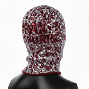 Balaclava en tricot premium pour femmes, tissu extensible bordeaux, design à panneau unique, logo personnalisé en strass, balaclava pour femmes de haute qualité - Product Image 5