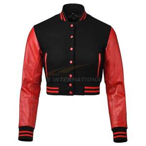 Chaqueta universitaria recortada de primera calidad para mujer, chaqueta con letras de béisbol de lana y cuero, Impresión de logotipo personalizado, precio al por mayor - Product Image 2