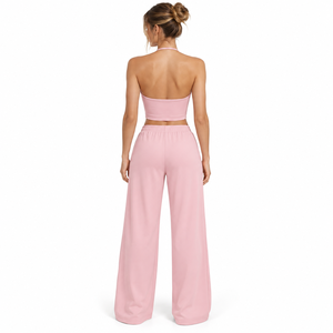 Women Crop Top <b>Wide</b> <b>Leg</b> <b>Pants</b> Two Piece Activewear Set High Waist Yoga <b>Lounge</b> OEM Private Label Wholesale - Product Image 3
