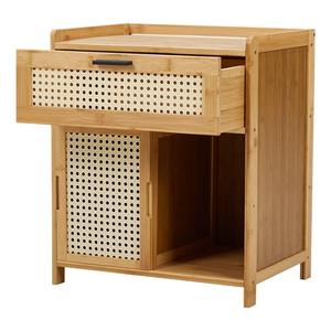 Mesita de noche de madera rústica con cajón y puerta corredera Mesita de noche de ratán para decoración de dormitorio moderna ecológica - Product Image 4