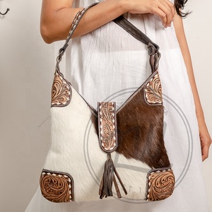 Handmade Large Cowhide Tote <b>Shoulder</b> Bag Genuine Leather with Tooling Patch and Matching <b>Straps</b> Portable Mid Hairon Design - Product Image 1