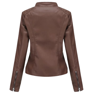 Women’s Brown Faux Leather Motorcycle <b>Biker</b> <b>Jacket</b> by Novenza - Product Image 2