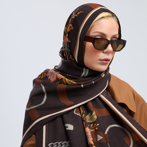 Elegant Long Casual Silk Wool Blend Shawl with Hand Rolled Hem Luxury Equestrian Chain & Leather Belt Motif Floral <b>Pashmina</b> - Product Image 2