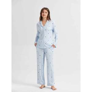 Conjunto de Pijama Clásico de Manga Larga para Mujer, Rayado, Tejido de Bambú y Spandex, Suave, Talla XS, Logotipo Personalizado, Cierre con Cordón, para Primavera - Product Image 1