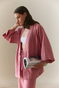 Timeless Fashion Lin Wrap Kimono Coord Set avec Poches Ceinture Longue Longueur Manches Courtes Style Japonais Tissé Taille Naturelle - Product Image 2