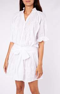Robe Blouse Bohème Élégante Blanche 100% Coton avec Broderie Florale, Manches Bouffantes, Taille Naturelle Ajustable à Nouer, Écologique, Automne - Product Image 3