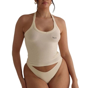 Conjunto de traje de baño tankini con cuello halter para mujer, nailon y spandex, sujetador incorporado, elástico, de secado rápido, conjunto de bikini de dos piezas para playa - Product Image 1