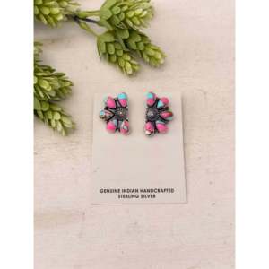 Navajo Handmade Cotton Candy Dahlia & <b>Turquoise</b> <b>Stud</b> <b>Earrings</b> Sterling Silver Post Cluster Bezel Setting Flower Inlay for Gift - Product Image 1