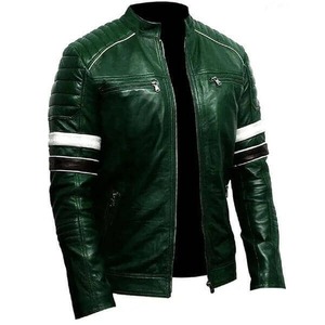 Venta al por mayor por encargo chaqueta de bombardero de cuero genuino estilo de carreras retro Rojo Negro Blanco chaqueta para los hombres - Product Image 1