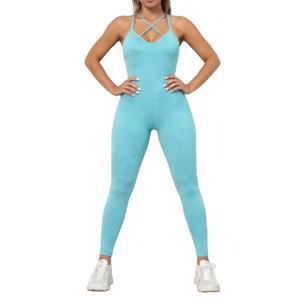 Mono de yoga para mujer, sin espalda, de 2 piezas, para entrenamiento, fitness, gimnasio, sin mangas, ajustado, ropa deportiva, color liso, cintura alta - Product Image 1