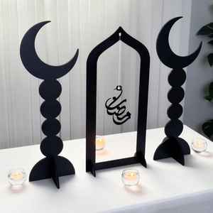 Black Glossy Acrylic Mosque Minaret Table Decor 3pcs Set <b>Ramadan</b> Eid <b>Mubarak</b> <b>Gift</b> Modern Islamic Home Desk Plaque Gold Moon Sign - Product Image 3