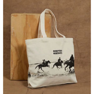 Sac fourre-tout en toile de coton imprimé western cowboy avec motif équestre beige et noir, écologique et réutilisable - Product Image 1