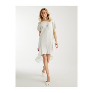 Robe décontractée pour femme en coton blanc, longueur midi, avec imprimé sur le devant, silhouette en A - Product Image 4