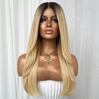 Perruque Lace Frontal 13x4HD en Cheveux Humains, Lisse Baguette, Blond Cendré Ombré avec Racines Effet Ombre, Pré-épilée, Cheveux Vierges Bruts Vietnamiens