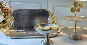 Luxury Leaf Design Silver Gold Aluminum Serving Tray Set Decorative Oval Napkin Box 2-Tier <b>Cupcake</b> <b>Stand</b> Customizable Size Home - Product Image 3