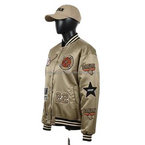 Veste en satin pour femme, tissu lisse couleur kaki, avec empiècements et patchs logo personnalisés brodés. Vestes en satin pour femme. - Product Image 5