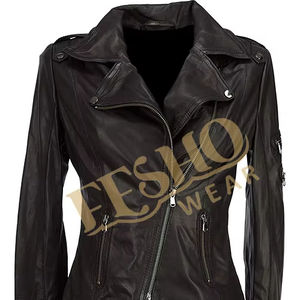 Veste de motard élégante coupe ajustée pour femme en cuir de vache véritable noir avec design froissé vêtements d'extérieur respirants automne - Product Image 1