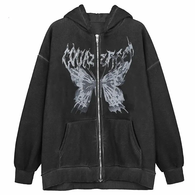 Y2k Clothes Harajuku Gothic Hoodie Butterfly Printed Black Winter Coat Youth Hooded Sweatshirt Women Oversized Zipped Sweatshirt