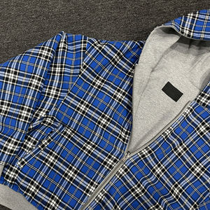 Nouveaux produits, sweat-shirts à capuche décontractés vintage rétro à carreaux bleus, design patchwork, fermeture éclair double face - Product Image 3