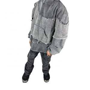 Custom Streetwear Ripped Hoondies Hombres Stone Acid Wash Doble capa Raw Hem Sudadera con capucha desgastada - Product Image 4