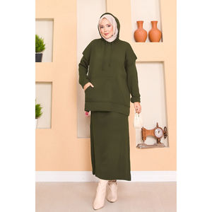 Conjunto de suéter con capucha color caqui y vestido de dos piezas con detalle de hiyab transpirable, atuendo elegante y cómodo - Product Image 5