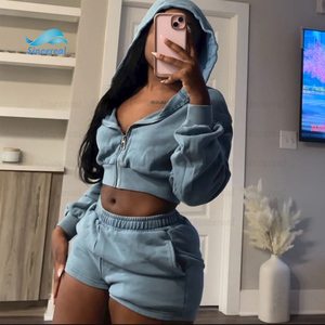 Oversized Acid Wash Distressed Embroidered Zip up Cropped Tracksuit Two Piece Women Sweatsuit <b>Set</b> - Product Image 4