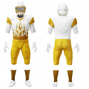 Uniforme de Fútbol Americano Personalizado con Diseño de Llamas Doradas y Blancas, Jersey Sublimado de Alto Rendimiento con Pantalones con Acolchado Integrado a Juego - Product Image 1