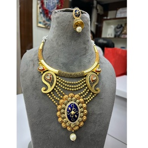 Conjunto de collar de oro azul tradicional, colgante con motivo de pavo real, collar largo nupcial elegante para mujeres y niñas para regalos de boda hechos - Product Image 1