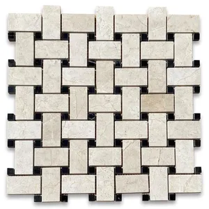 Crema Marfil Marble M651XP 1x2 Basketweave Mosaïque Carrelage avec Points Noirs Polis - Product Image 1
