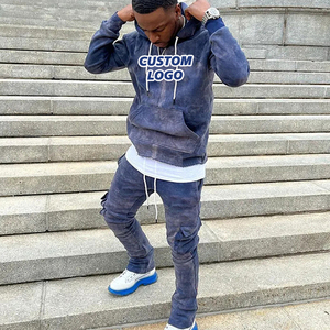 Custom Logo Acid Washed Sweat Suits Custom 100% Cotton Terry Oversized Tracksuit Men Flare Stacked Sweatpants and Hoodie Set - Product Image 1