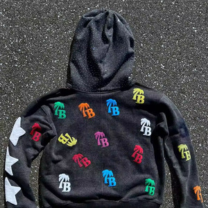 Sudadera con capucha con cremallera y estampado de algodón lavado Vintage para hombre con pedrería en la capucha - Product Image 6