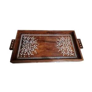 Bandeja rectangular de madera con incrustaciones de nácar de la mejor calidad, vajilla para restaurantes hecha a mano de La India - Product Image 4